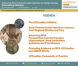 May be an image of 2 people and text that says 'Advancing Rural Communication Services for Family Farming International Webinar 16 December 2022 07:00 PM (GMT+8) Co-convened by the IAMCR-Rural Communication Working Group Zoom COLLABORATIVE CHANGE COMMUNICATION AGENDA The CCComDev Initiative Rural Communication Services: Lessons from Regional Studies and Fora Advancing RCS: Perspectives from the Farmers' Organizations, Rural nstitutions. Academia and Practitioners Promoting Evidence on RCS: CCComDev and IAMCR Efforts http://cccomdev.org/ CCComDev Community of Practice cccomdev@devcom.edu.ph CollaborativeC Change facebook.com/cccomdev twitter.com/cccomdev'